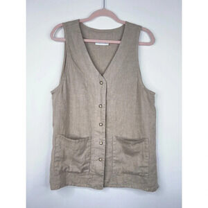 Bryn Walker Long Linen Vest Beige Tan Sleeveless Button Front USA Neutral S/M